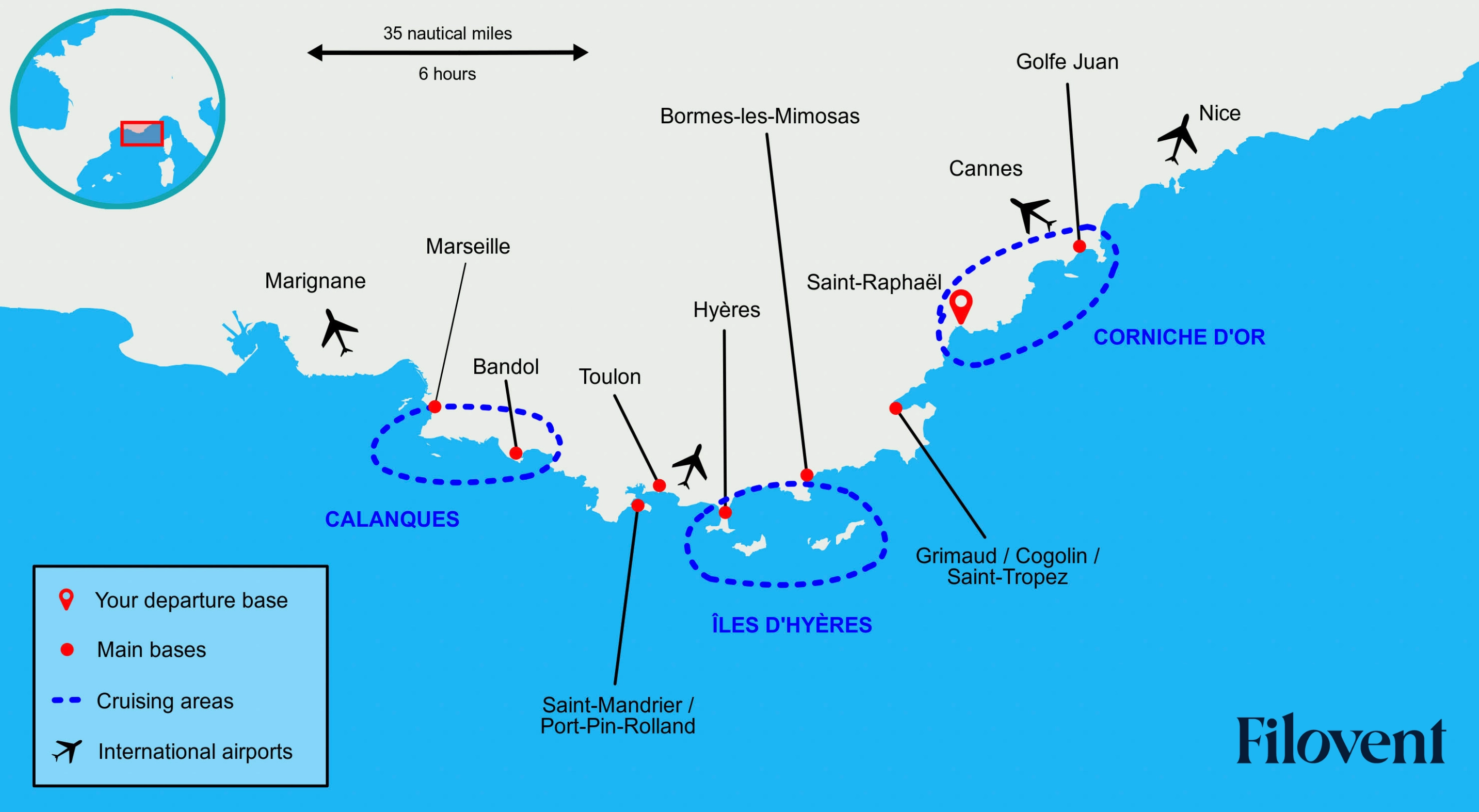 Map of the French Riviera with the sailing areas Calanques, Hyères Islands and Corniche d'Or and the boat rental bases Marseille, Bandol, Toulon, Saint-Mandrier, Port-Pin-Rolland, Hyères, Bormes-les-Mimosas, Grimaud, Saint-Tropez, Cannes and Golfe-Juan